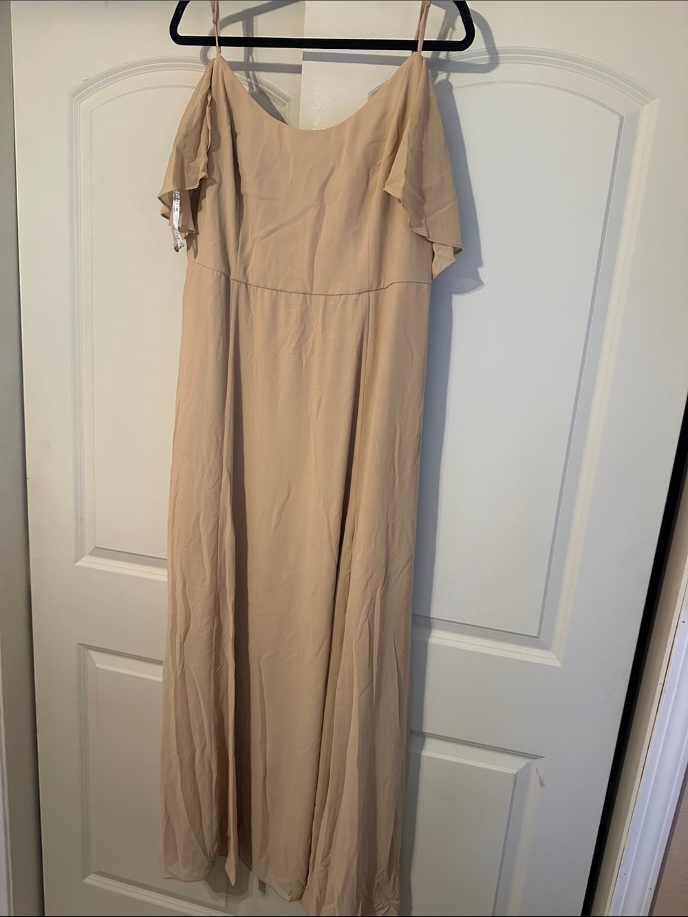 David's Bridal Light Beige Cold-Shoulder Ruffle Maxi Dress
